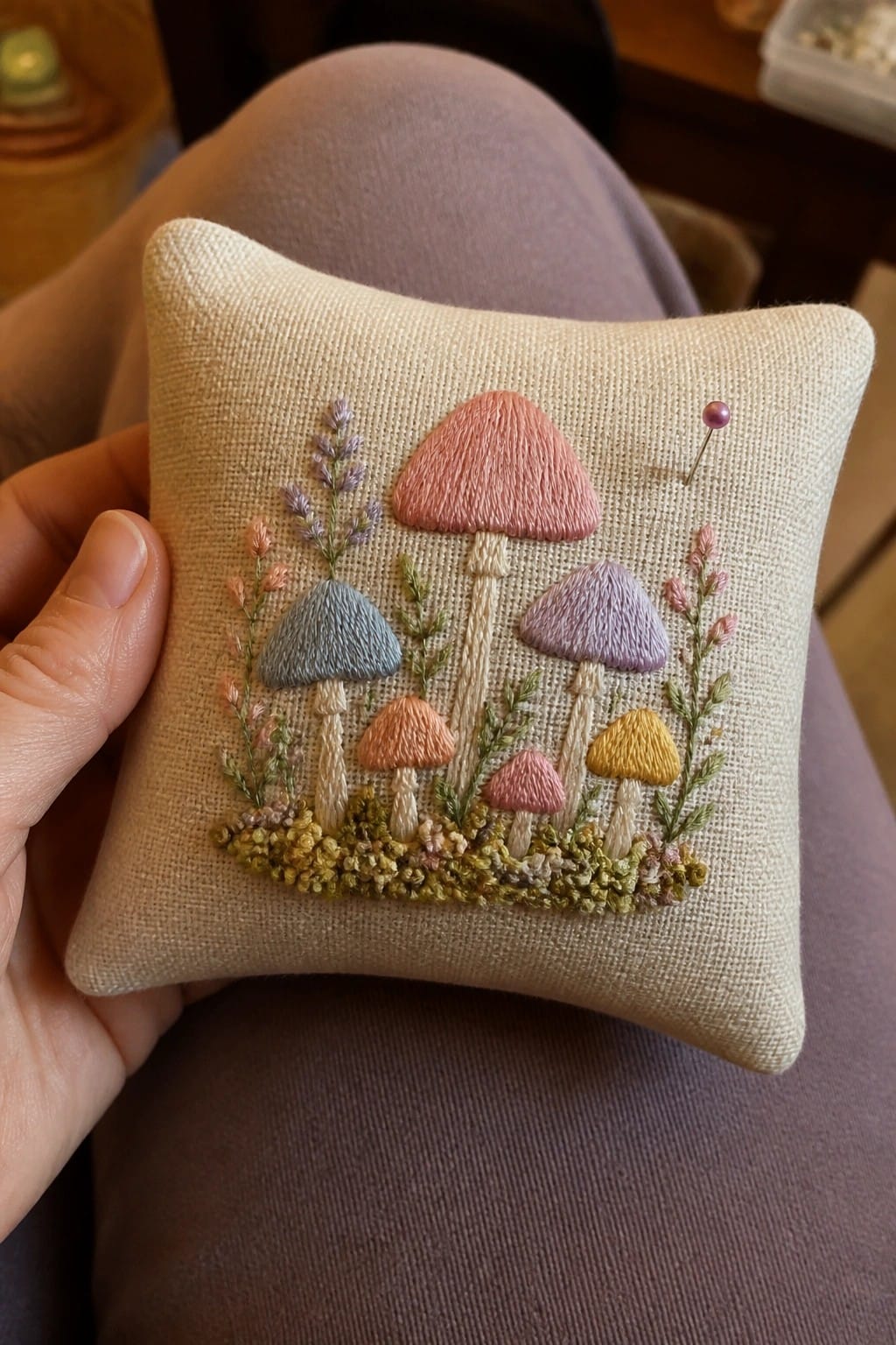 Hand holding embroidered pincushion with colorful mushrooms, plants, and purple pin