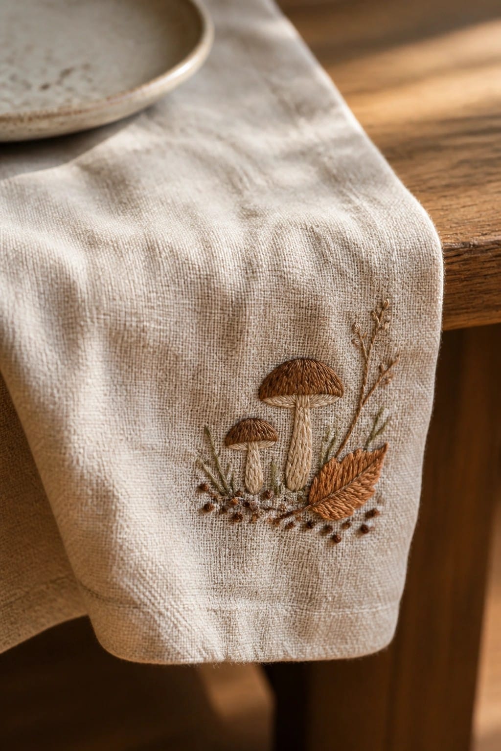 Close-up of two embroidered mushrooms with a leaf and small sprigs on the edge of a beige linen table runner.