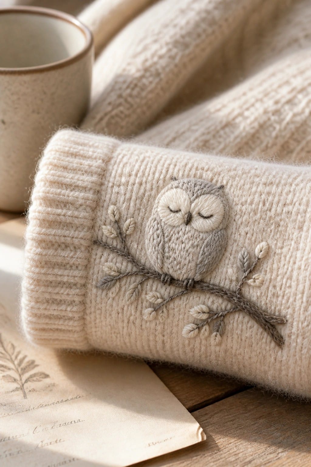 Close-up of a cream knitted sweater cuff embroidered with a small owl on a branch in gray and off-white threads.