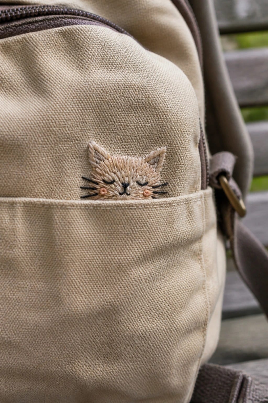 Beige canvas backpack with embroidered cat face peeking from pocket.
