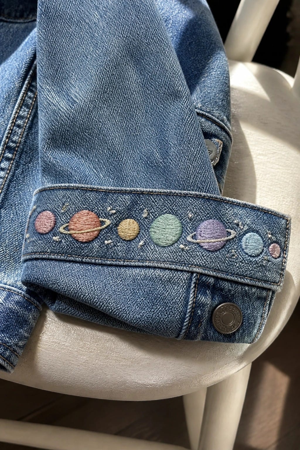 Blue denim jacket cuff embroidered with colorful planets on white chair.