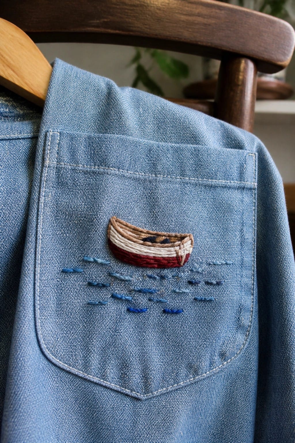 Close-up of blue denim jacket pocket with embroidered boat and blue dashed water lines.
