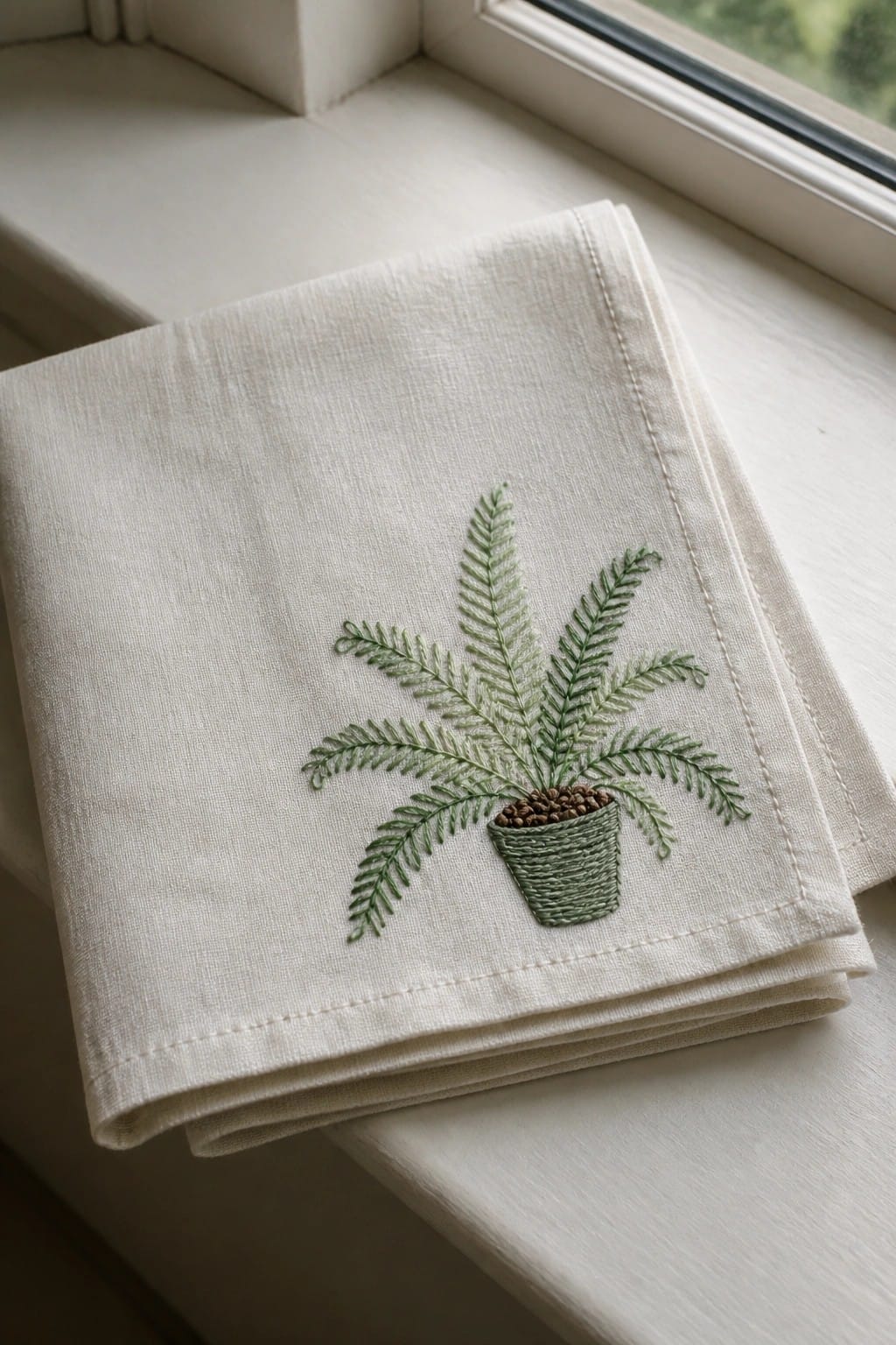 Folded white linen napkin with embroidered green potted fern on windowsill.