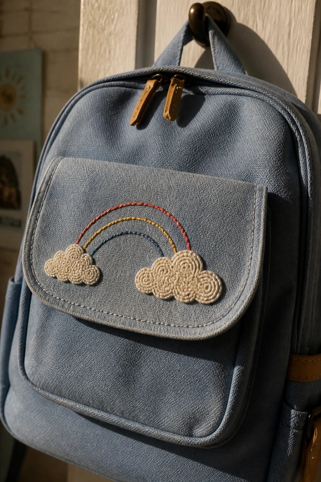 Green canvas backpack featuring embroidered rainbow and crocheted white clouds on wooden bench.
