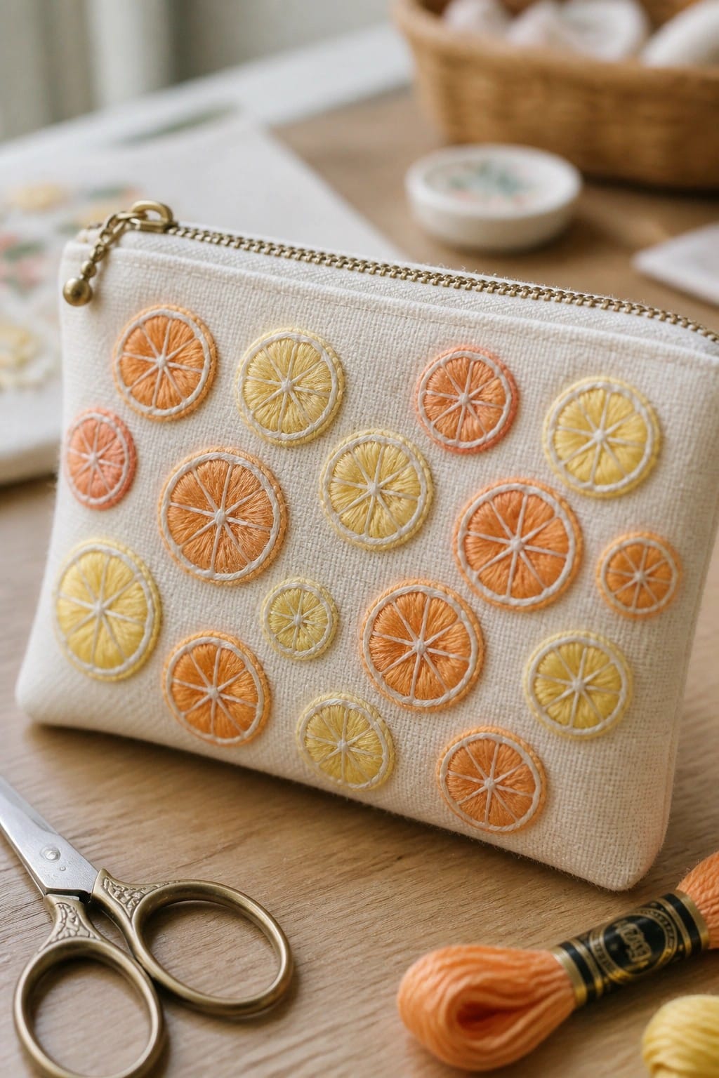 Embroidered white pouch with citrus slices beside scissors and orange thread.