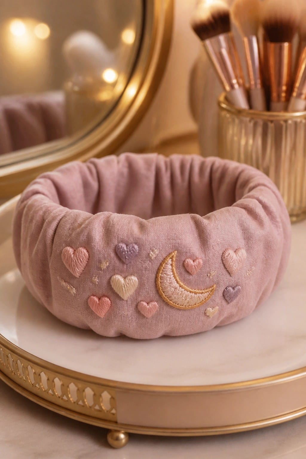 A pink velvet scrunchie with embroidered pastel hearts, a crescent moon, and small stars sits on a marble tray.
