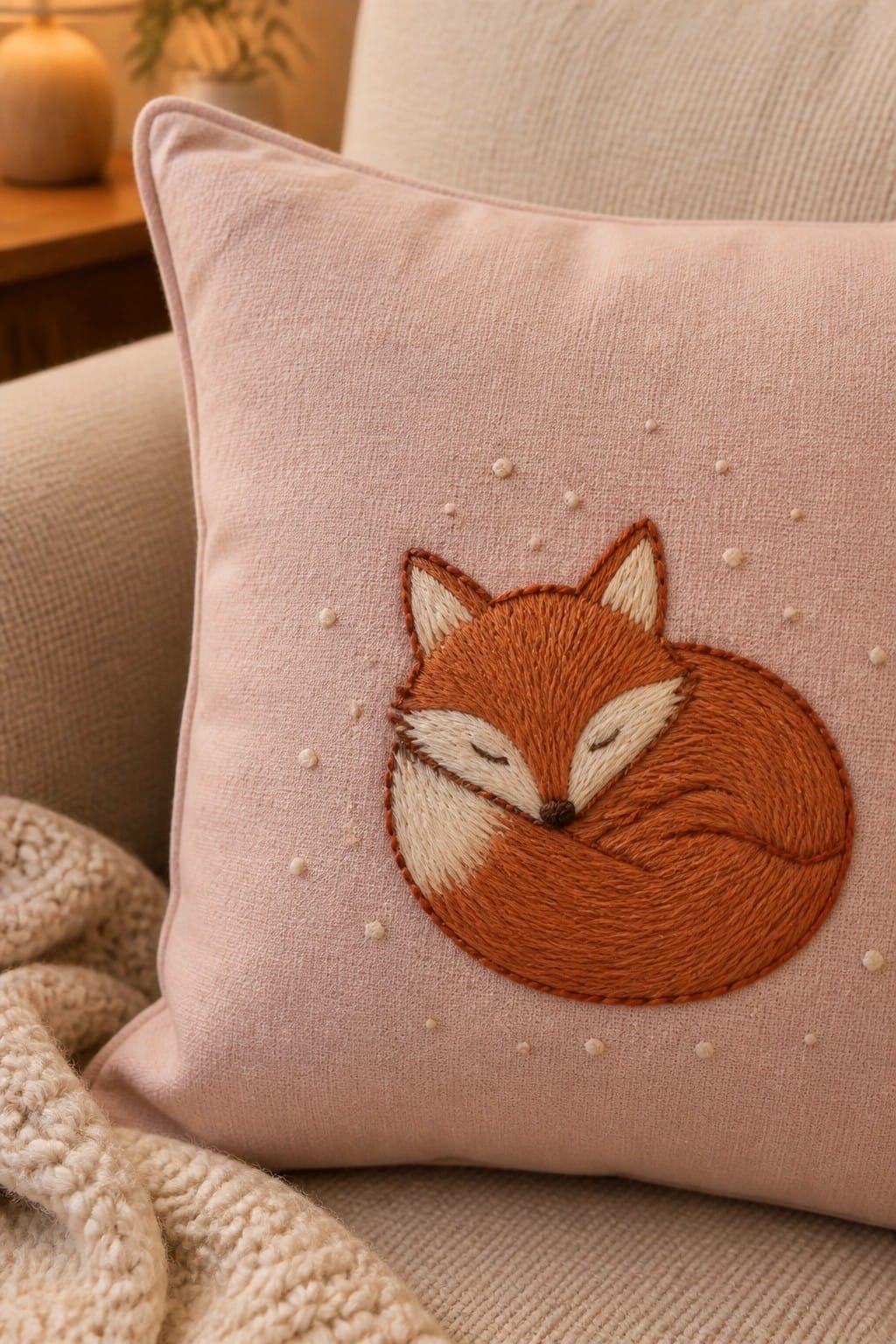 Pink pillow with embroidered sleeping orange fox and scattered white dots