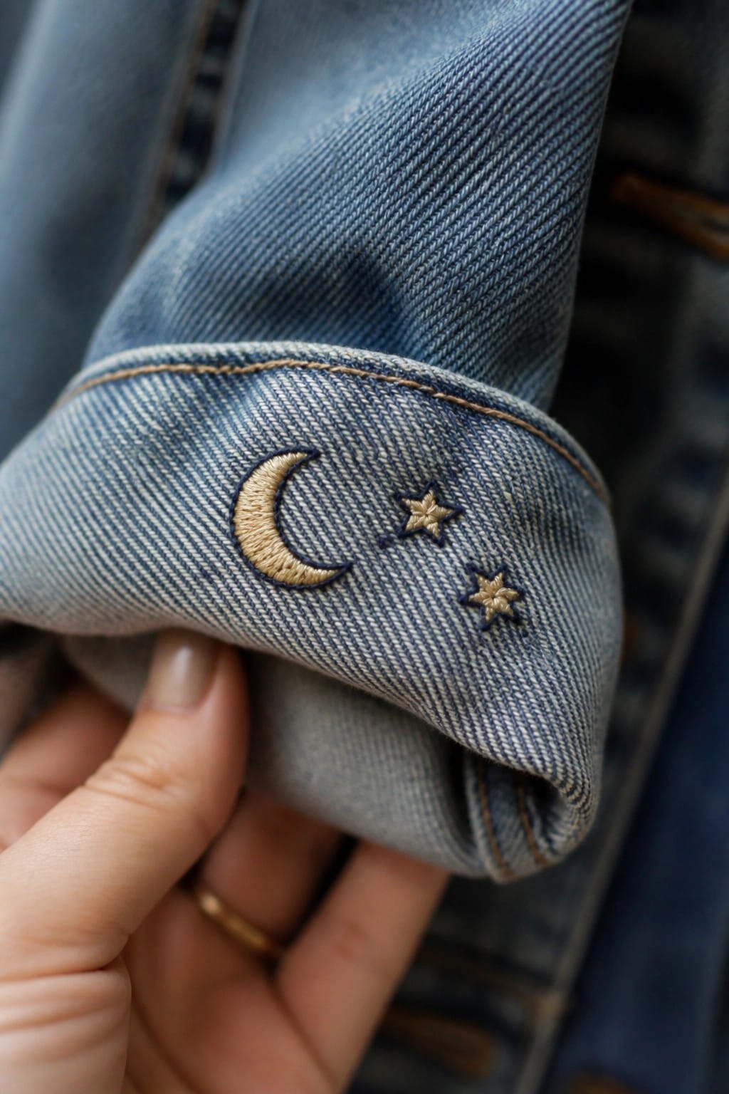 Close-up of a blue denim jacket collar with an embroidered sleeping fox in brown, orange, and cream threads.