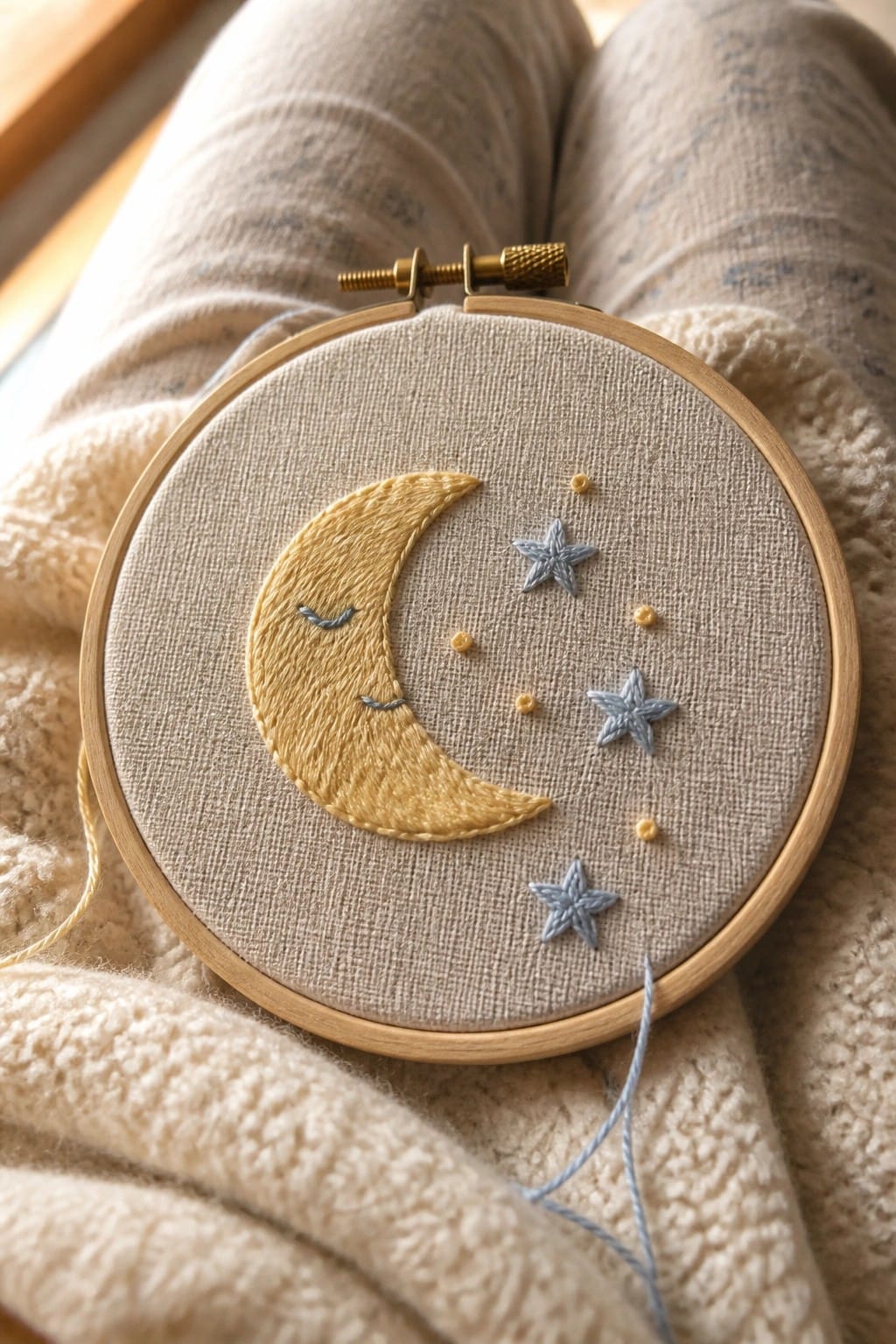 Embroidery hoop with golden moon and blue stars on beige fabric over lap