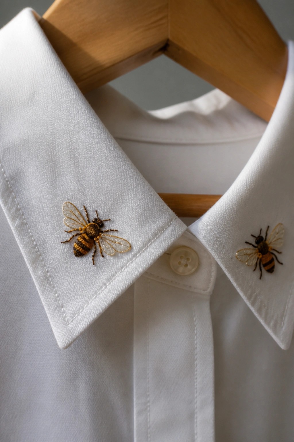 White t-shirt with embroidered space-themed pocket featuring planets, moon, and stars on wood table