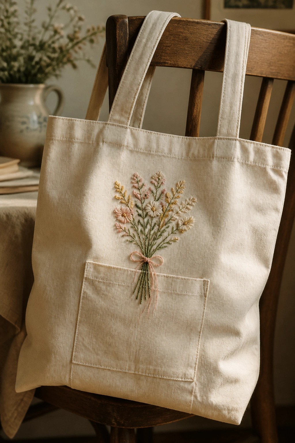 Cream canvas tote bag with pastel embroidered wildflowers on wooden chair