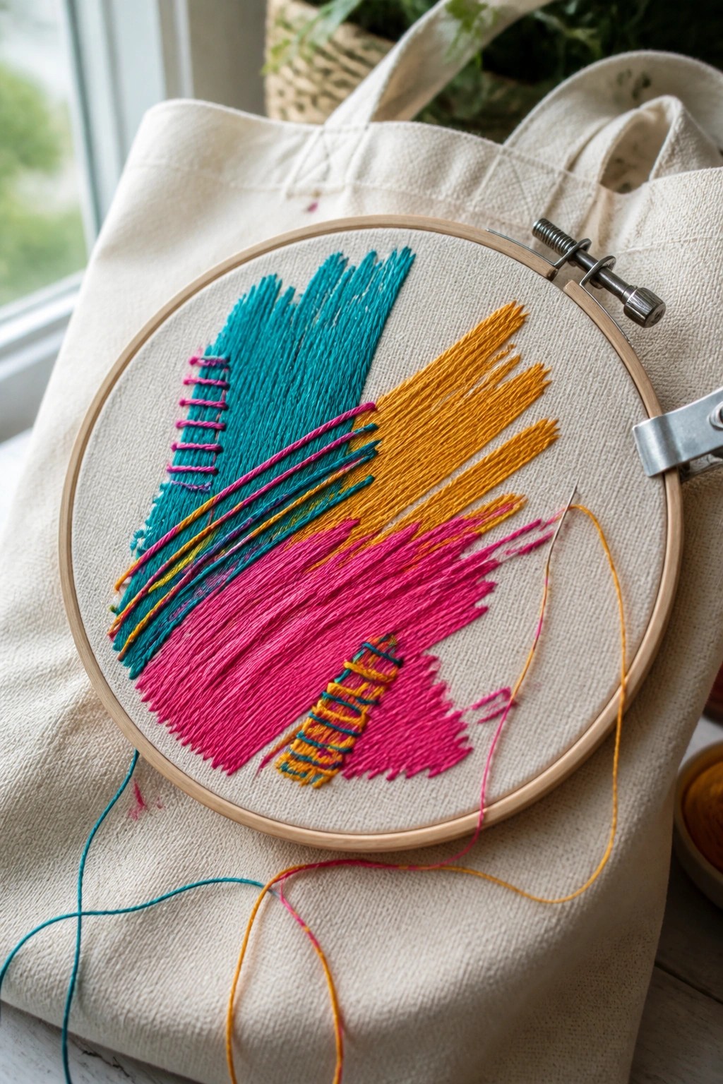 A wooden embroidery hoop rests on a canvas tote bag with abstract teal, yellow, and pink thread strokes.