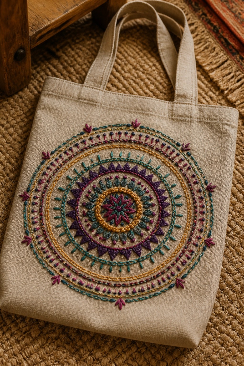 Beige tote bag with vibrant multicolored mandala embroidery on woven mat