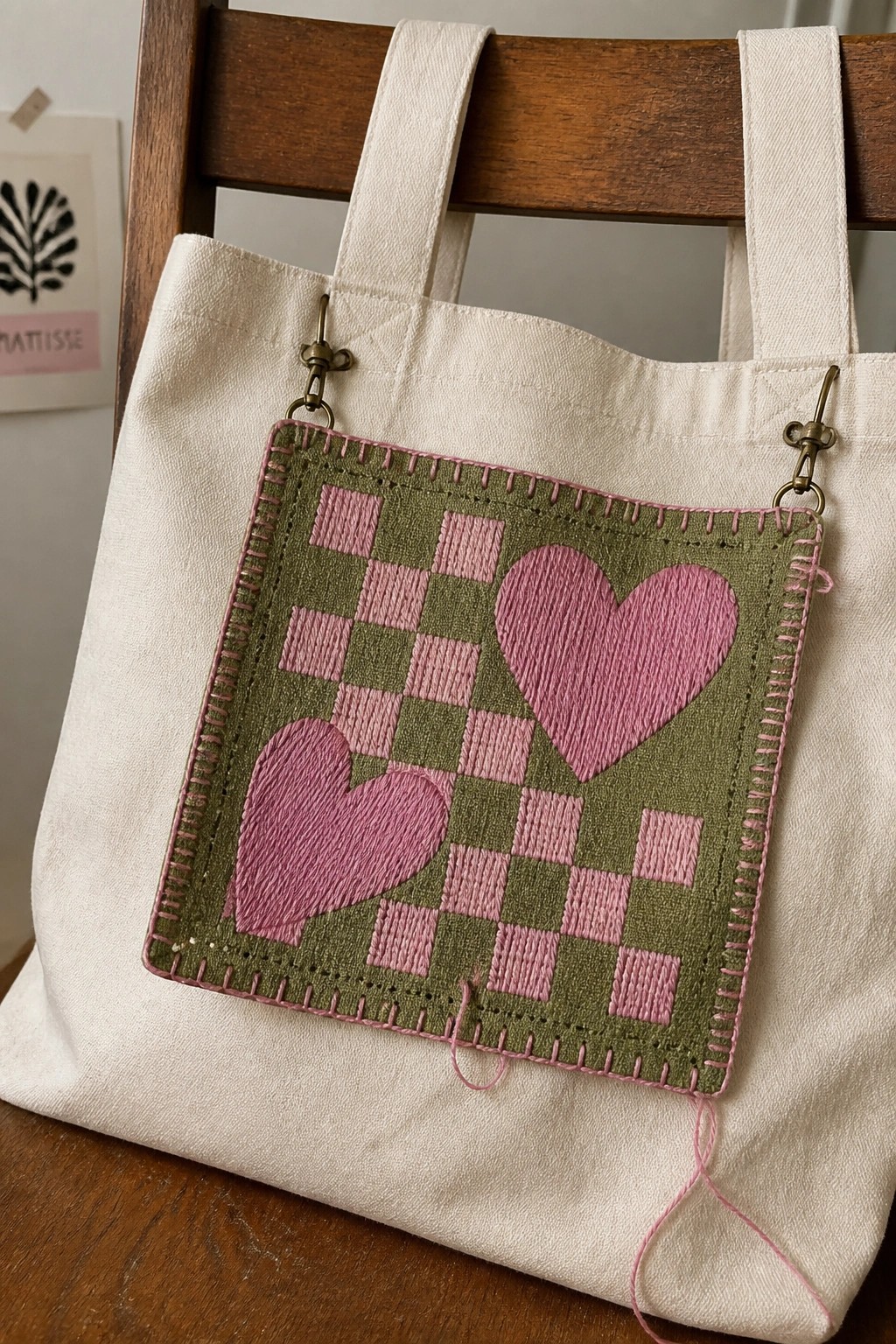 White tote bag with green-pink checkered heart embroidery on wooden chair.