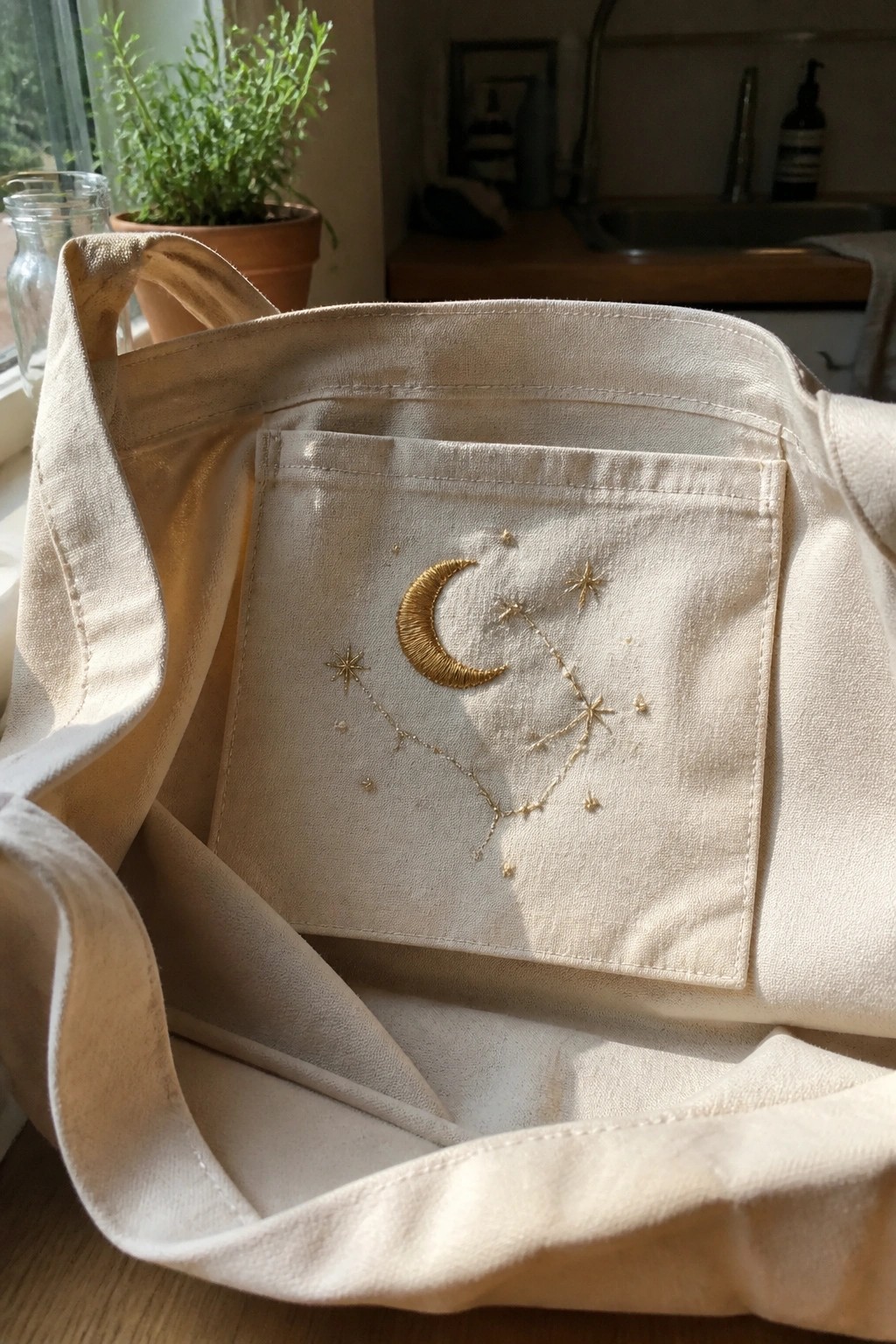 A beige canvas tote bag with a front pocket embroidered in gold thread with a crescent moon and connected stars.