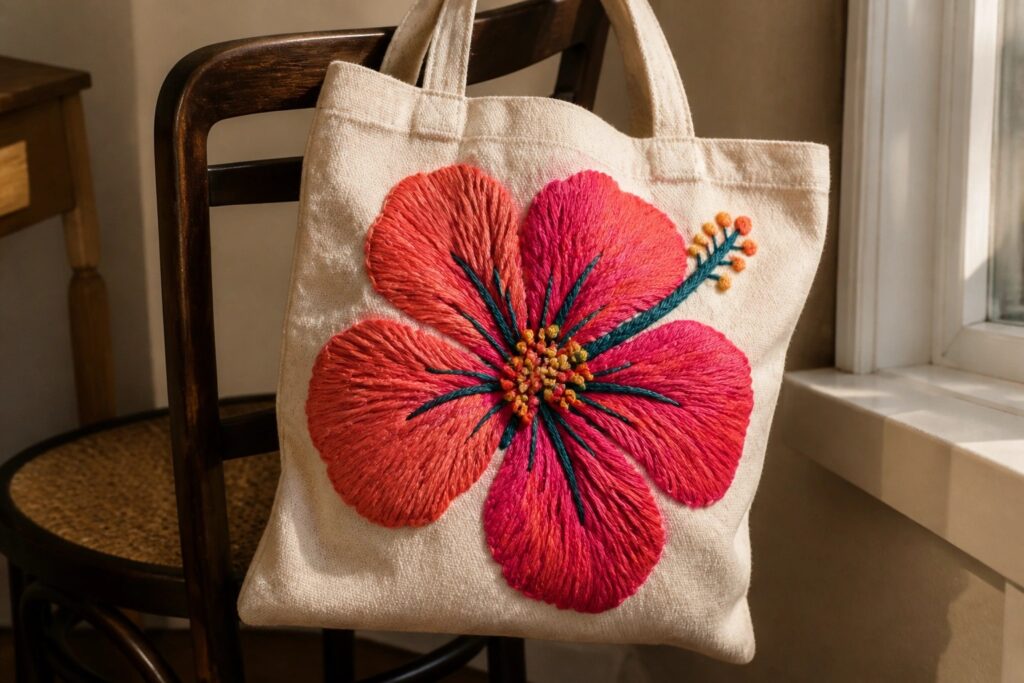 22 Bold Tote Bag Embroidery Ideas That Turn a Simple Bag Into a Statement Piece A canvas tote bag embroidered with a large colorful flower rests on a wooden chair near a window.