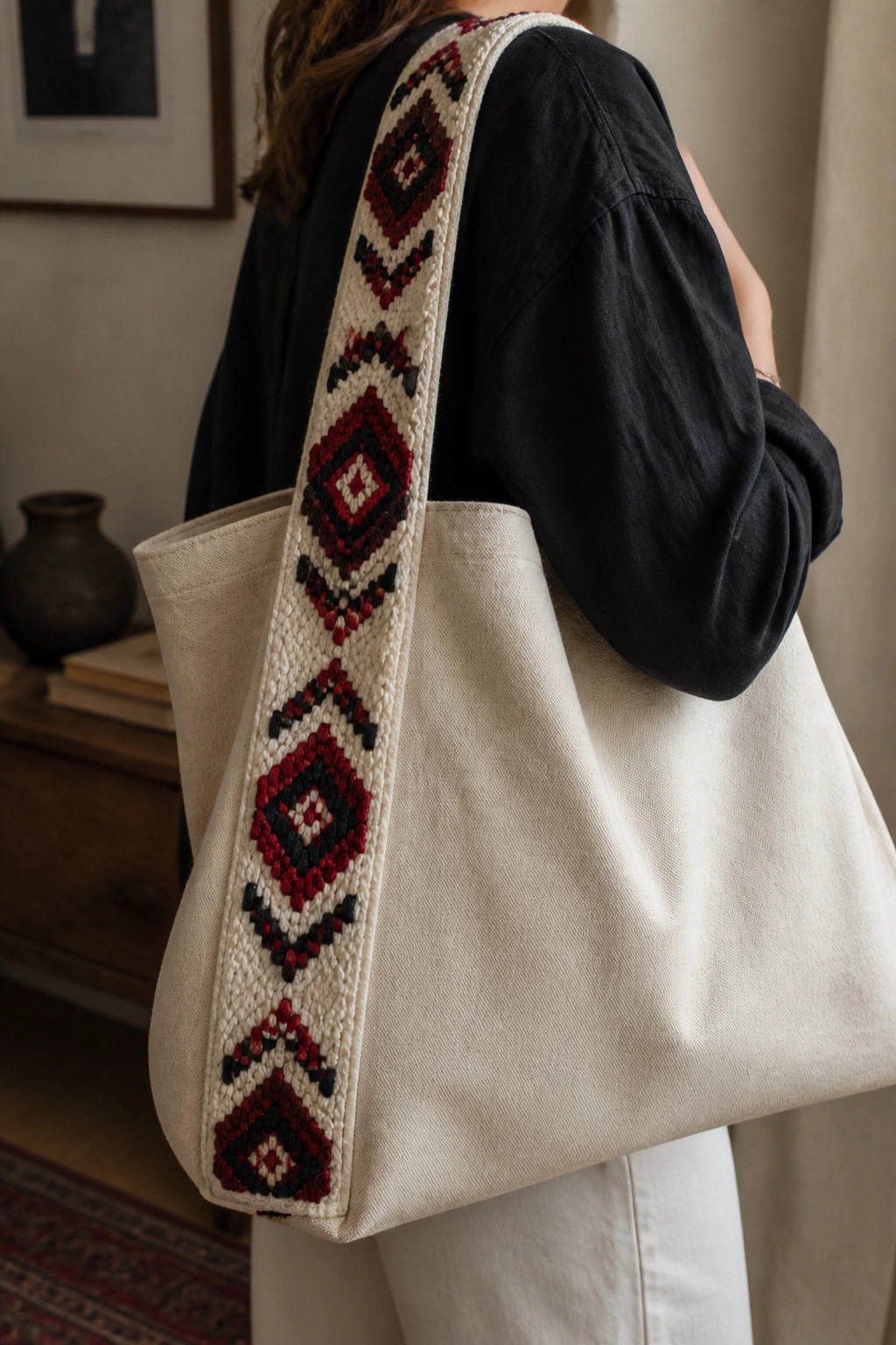 Canvas tote bag with wide strap embroidered in red and black geometric diamond patterns.