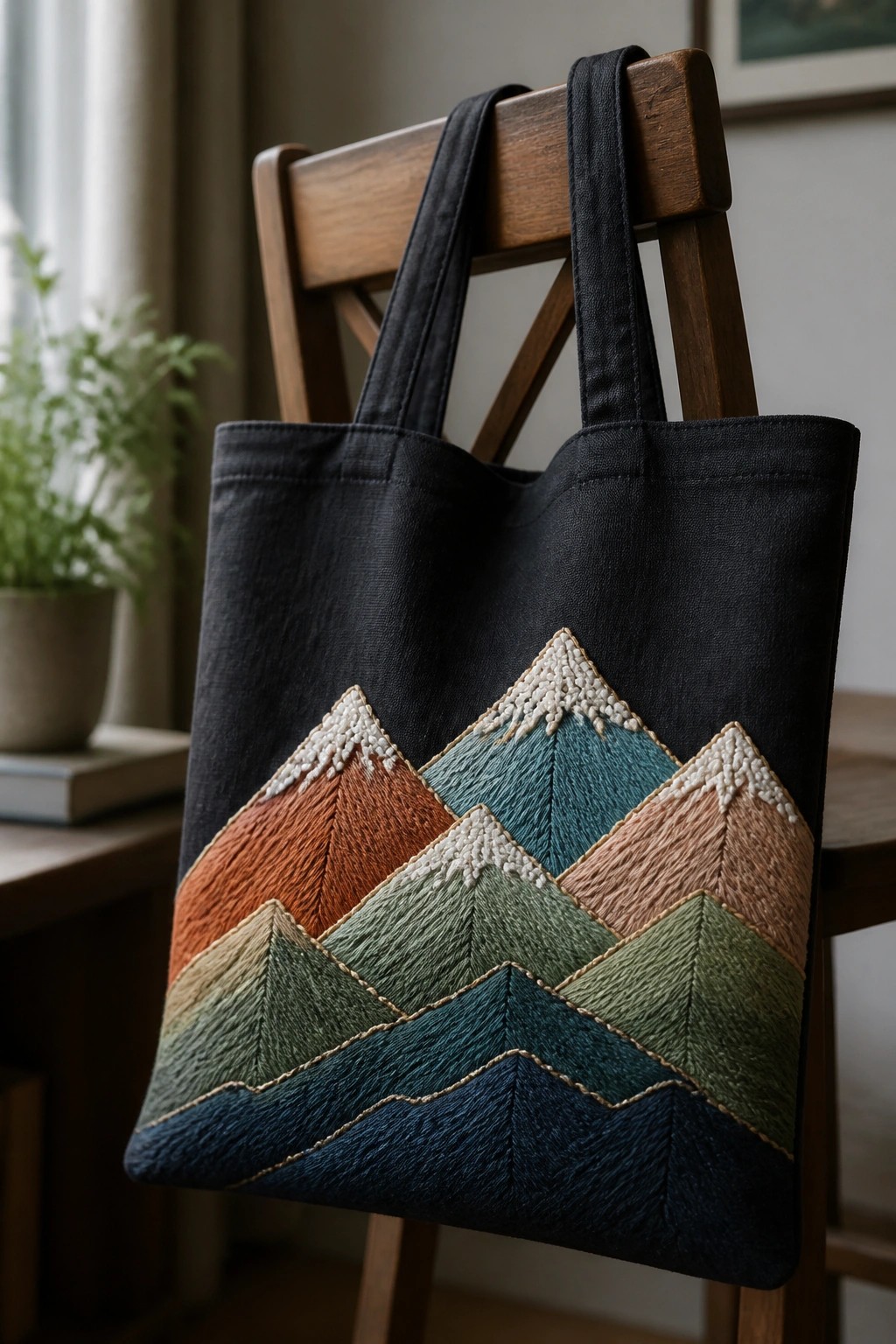 Black tote bag with colorful embroidered mountains draped over wooden chair.