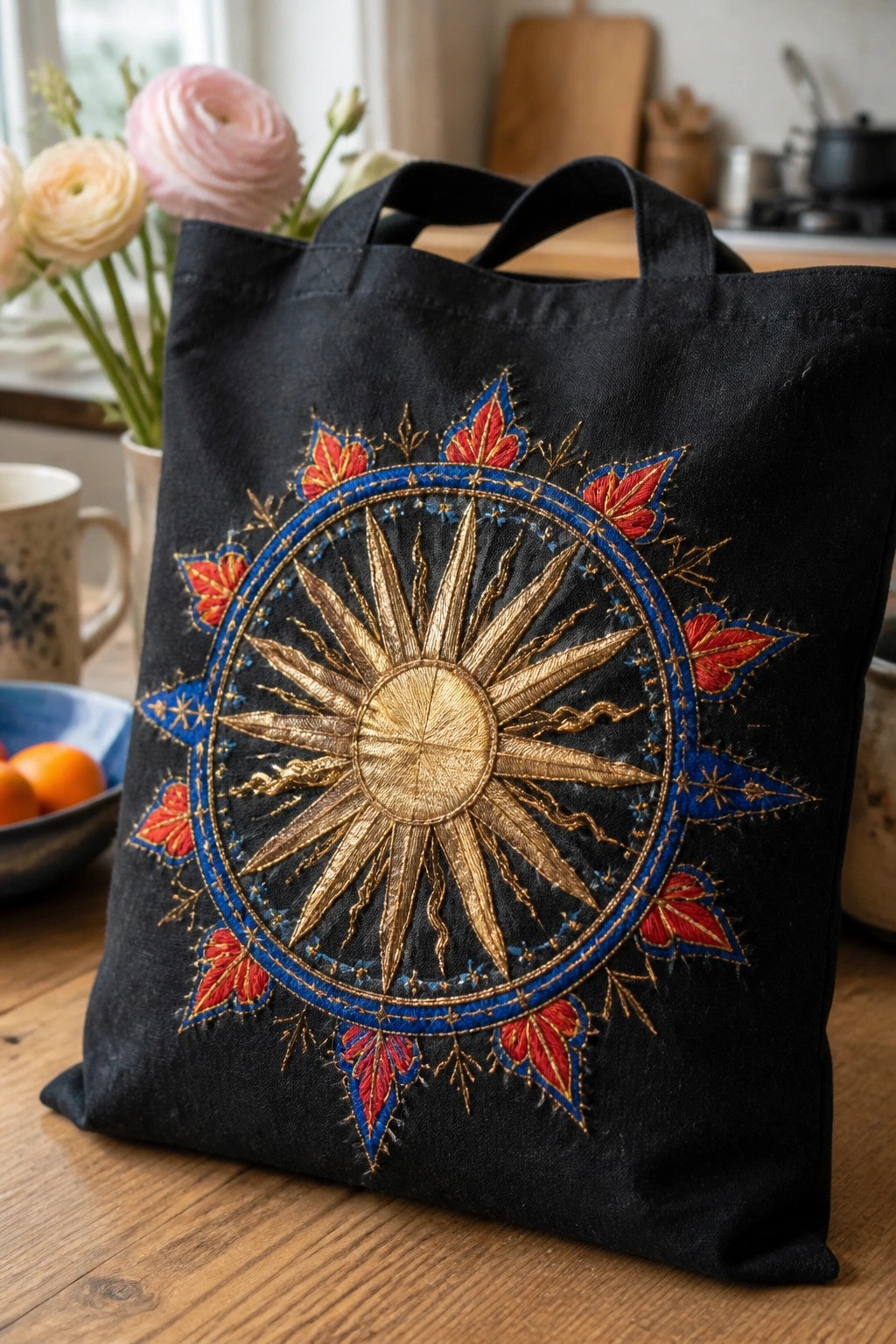 A black tote bag with a large central embroidered sun in gold thread, framed by blue stitching and red accents, sitting on a wooden surface.