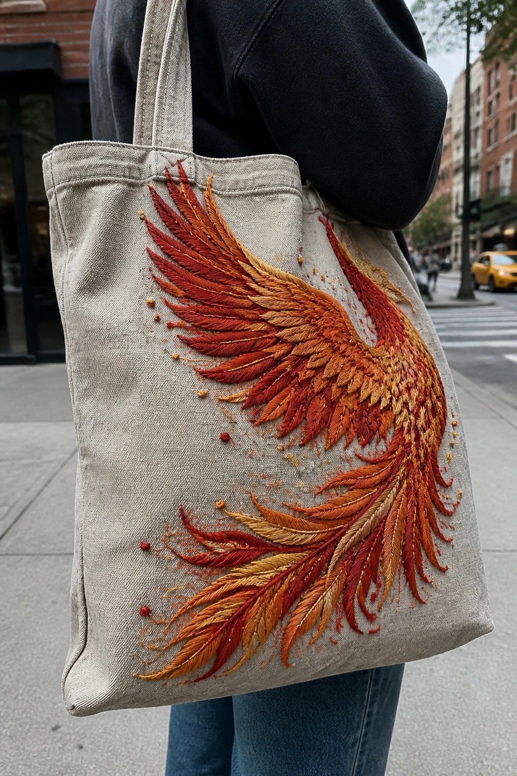 Beige canvas tote bag with a large embroidered phoenix wing in red, orange, and yellow threads.