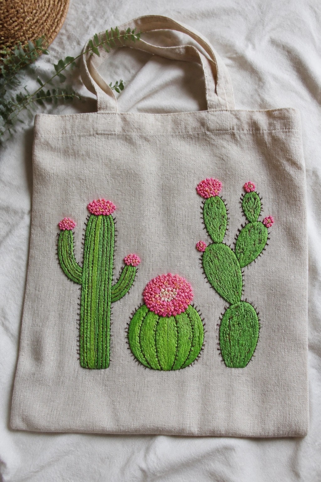 Canvas tote bag with three embroidered green cacti and pink flowers on the front.