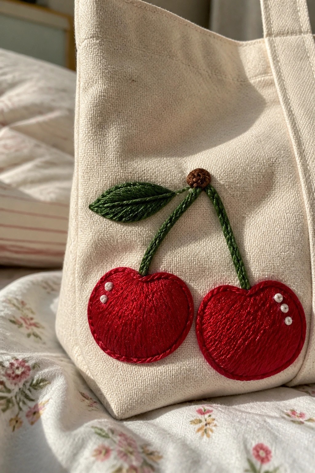 White canvas tote bag with embroidered red cherries and green stems on floral fabric.