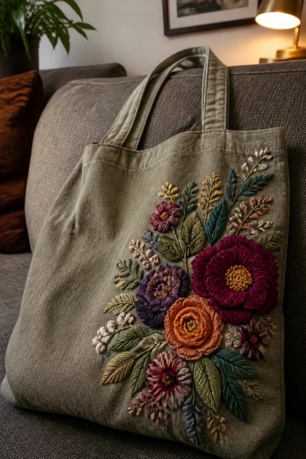 Sage green tote bag with vibrant colorful floral embroidery on gray couch