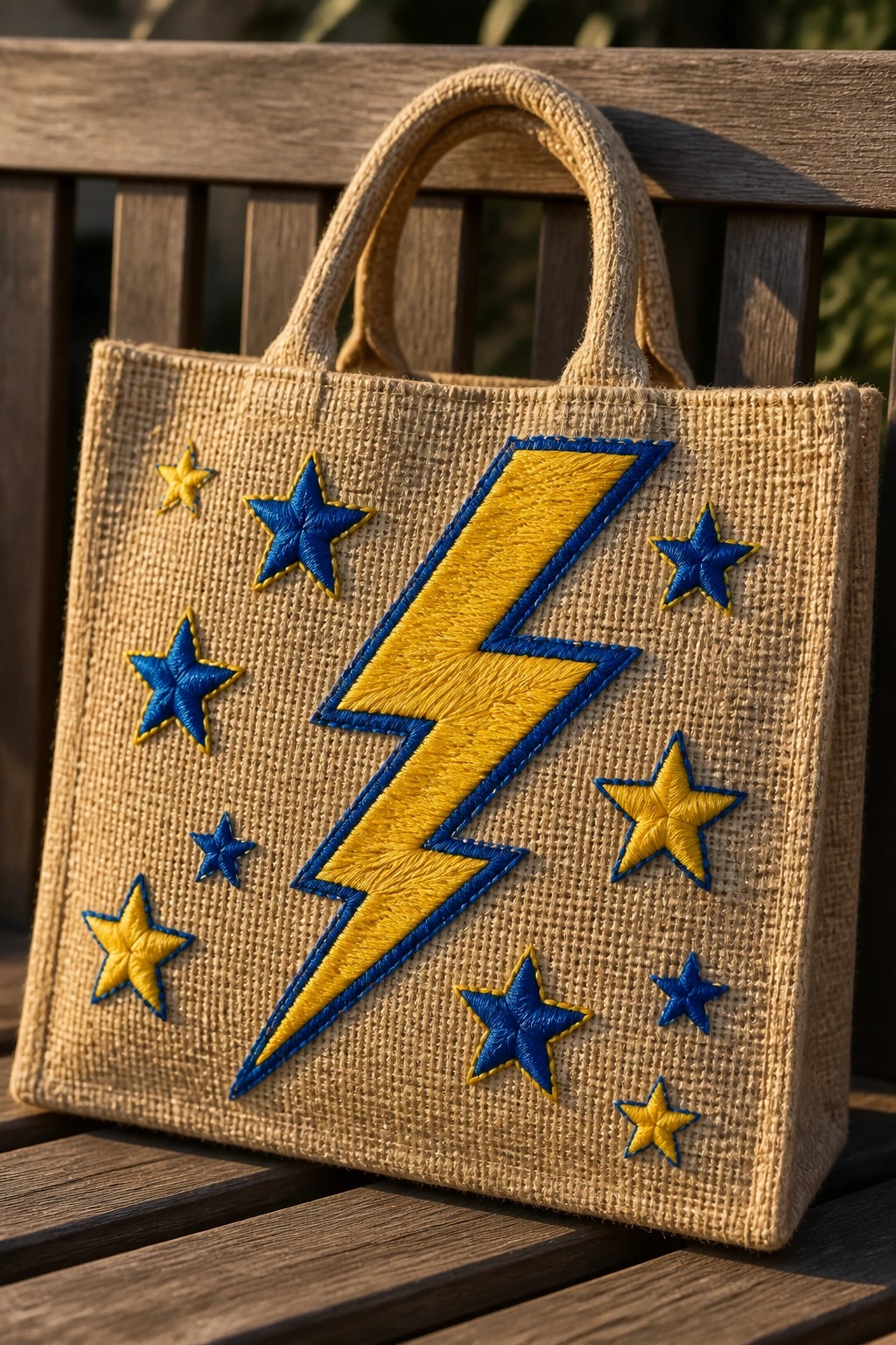 Burlap tote bag with yellow lightning bolt and blue yellow stars on wooden bench