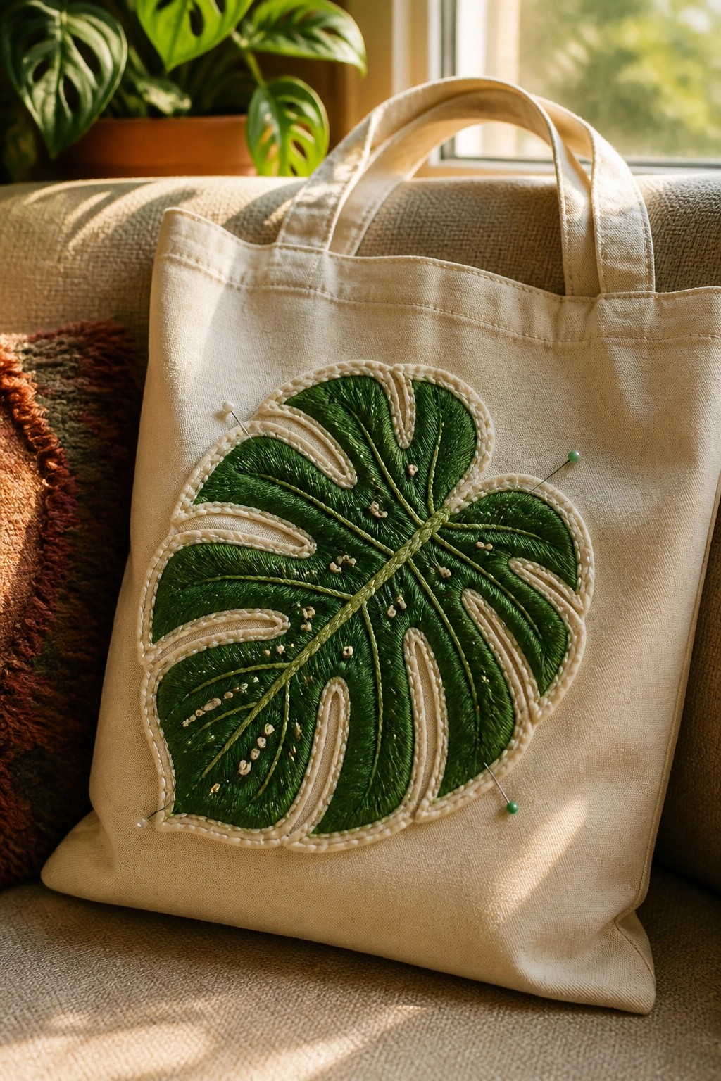 A canvas tote bag with a large green embroidered monstera leaf rests on a couch.