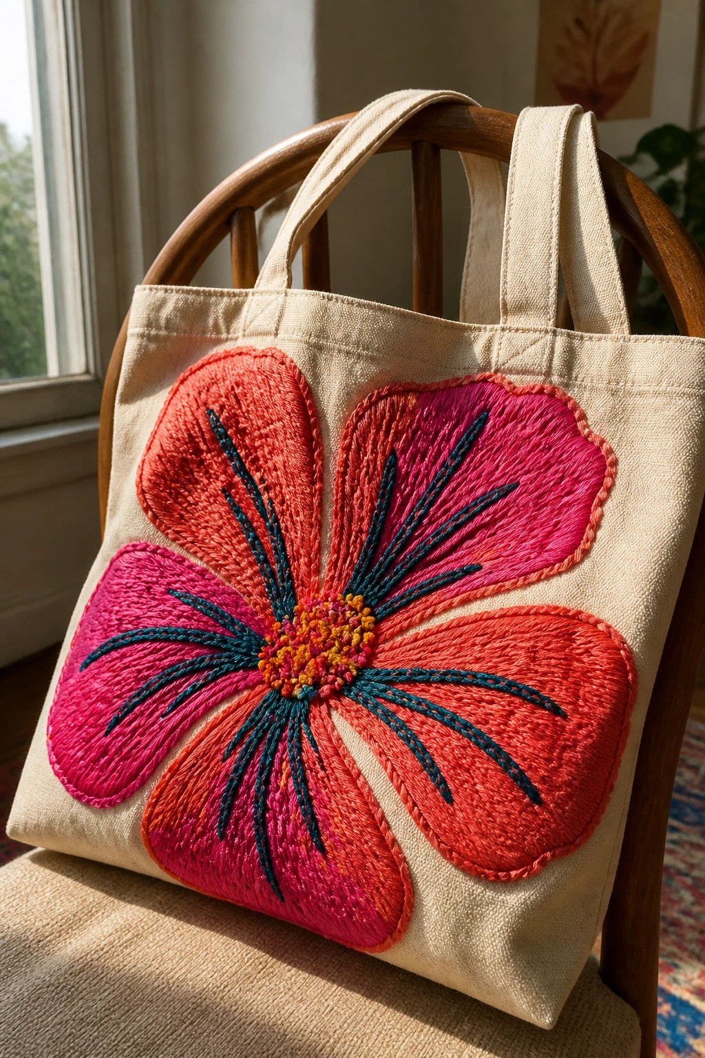 A canvas tote bag embroidered with a large colorful flower rests on a wooden chair near a window.