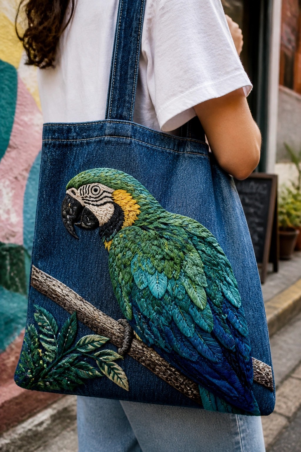 Denim tote bag with vibrant embroidered parrot worn over white t-shirt.