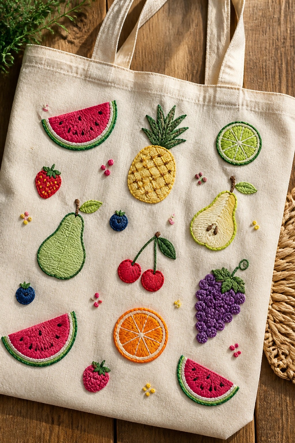 A cream tote bag covered with embroidered watermelon slices, pineapple, cherries, pears, grapes, orange, lime, strawberries, and blueberries scattered over the surface.