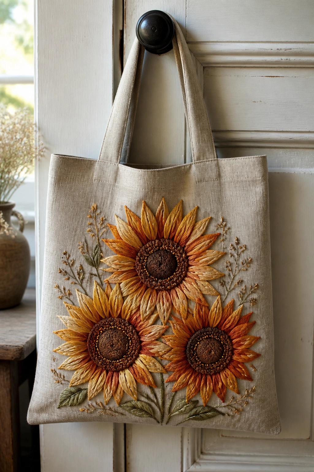 Embroidered sunflower tote bag hanging from black knob on white door