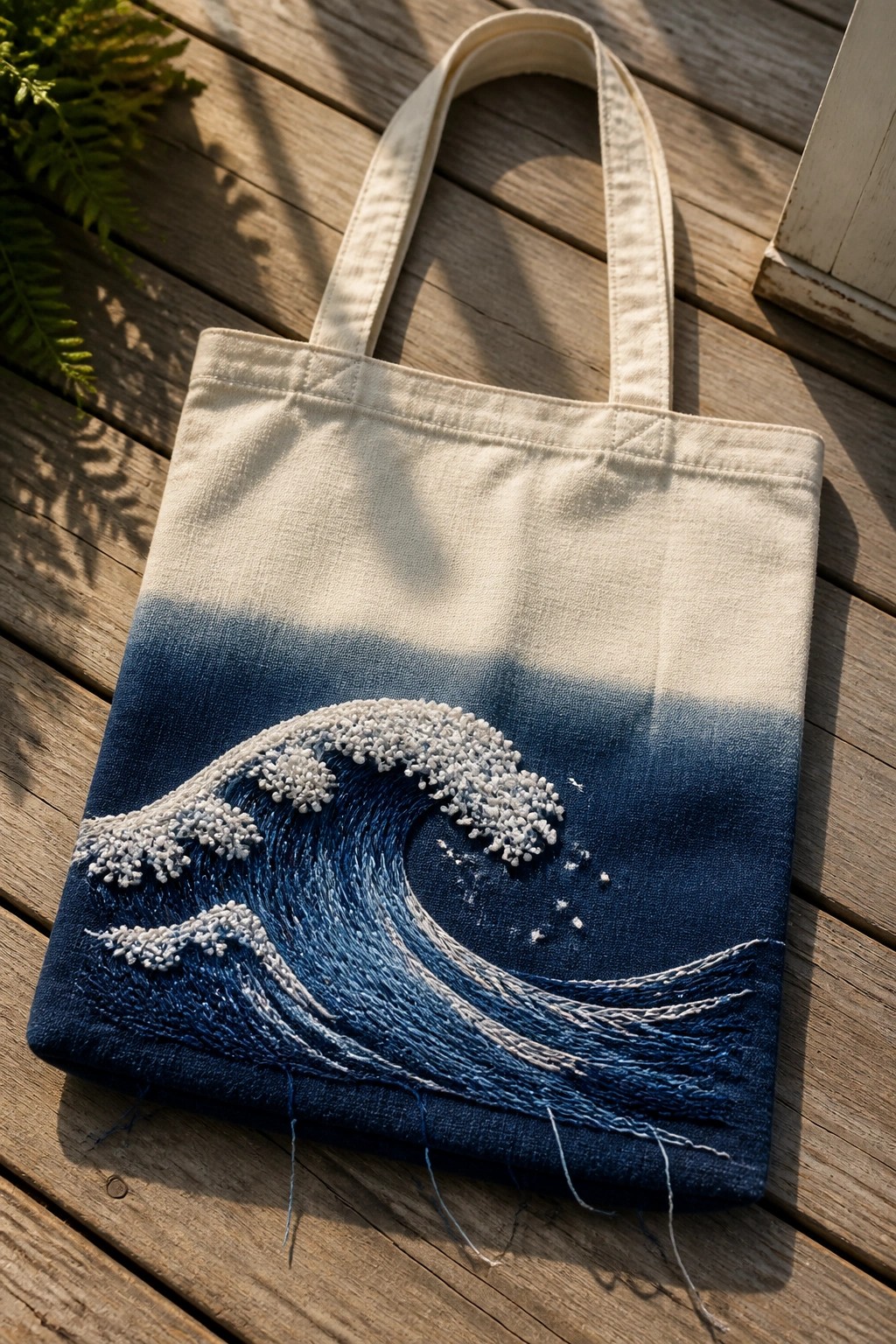 Canvas tote bag with detailed blue wave embroidery on wooden surface.
