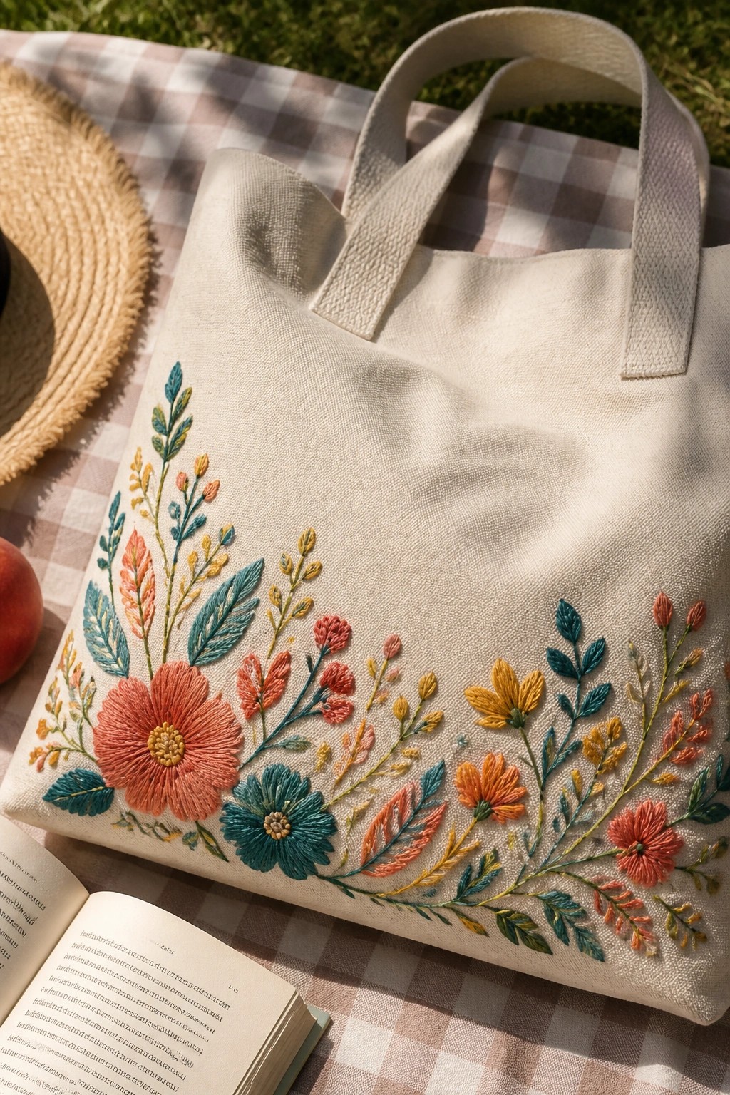 Floral embroidered tote bag on checkered picnic blanket with book, hat, and peach