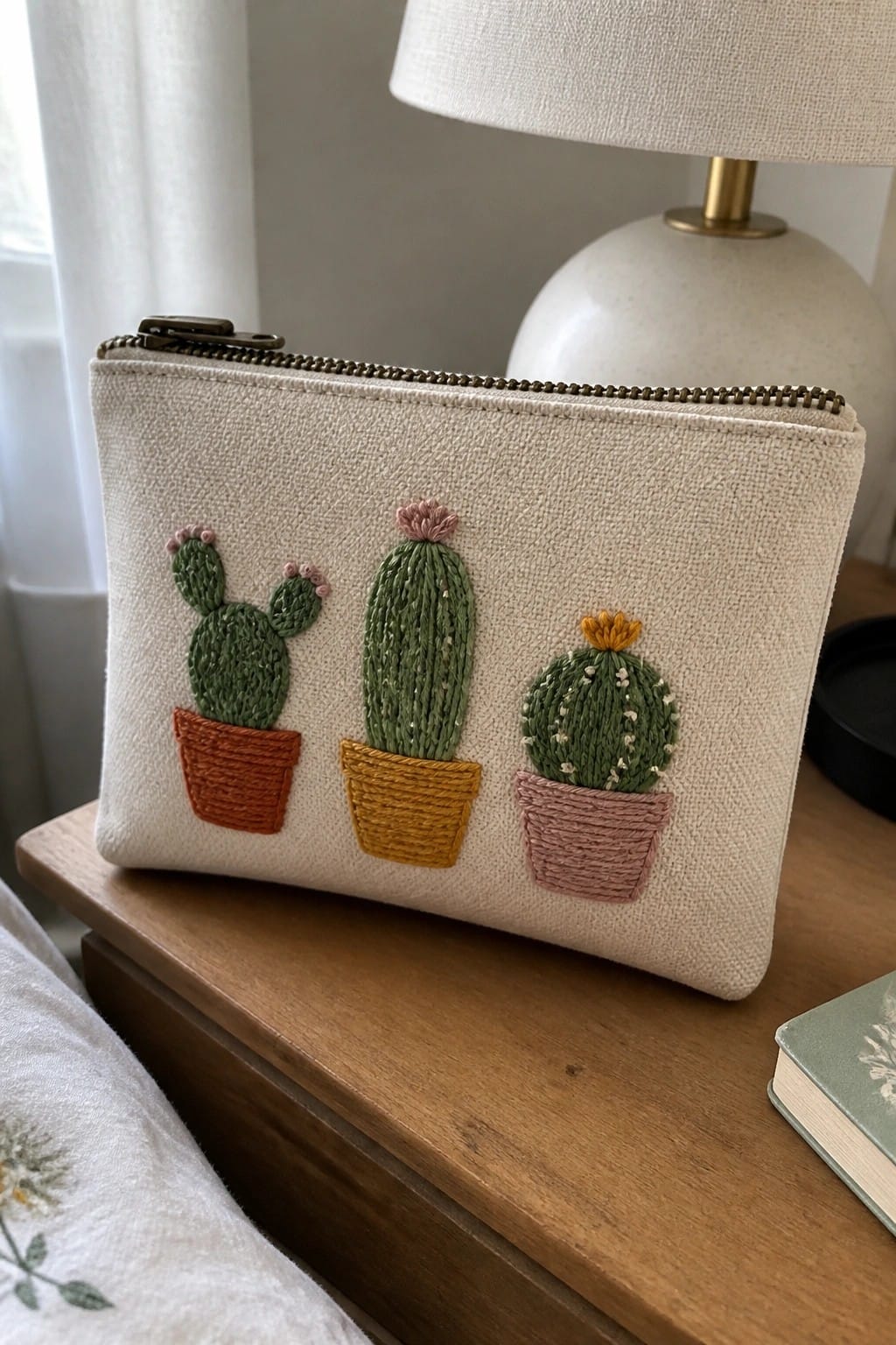 Cream-colored pouch embroidered with three cacti in orange, yellow, and pink pots