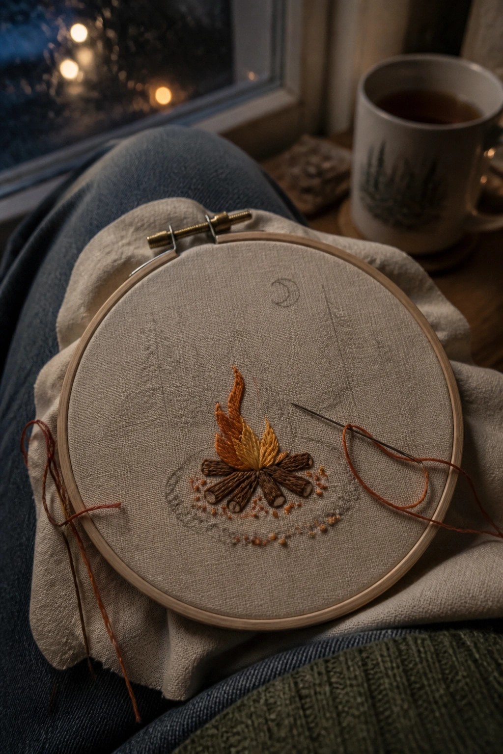 Embroidery hoop with orange campfire on lap in blue jeans beside tea mug