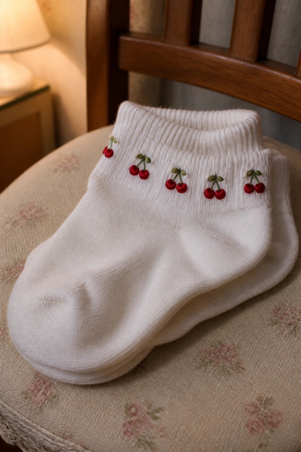 White knit socks with rows of red cherry embroidery along the cuffs sitting on a floral fabric surface.