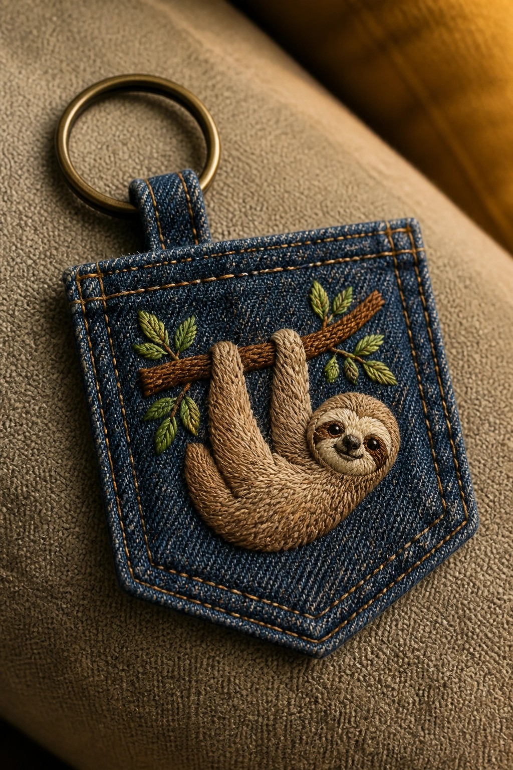 A blue denim keychain fob with an embroidered sloth hanging from a branch and attached to a metal ring.