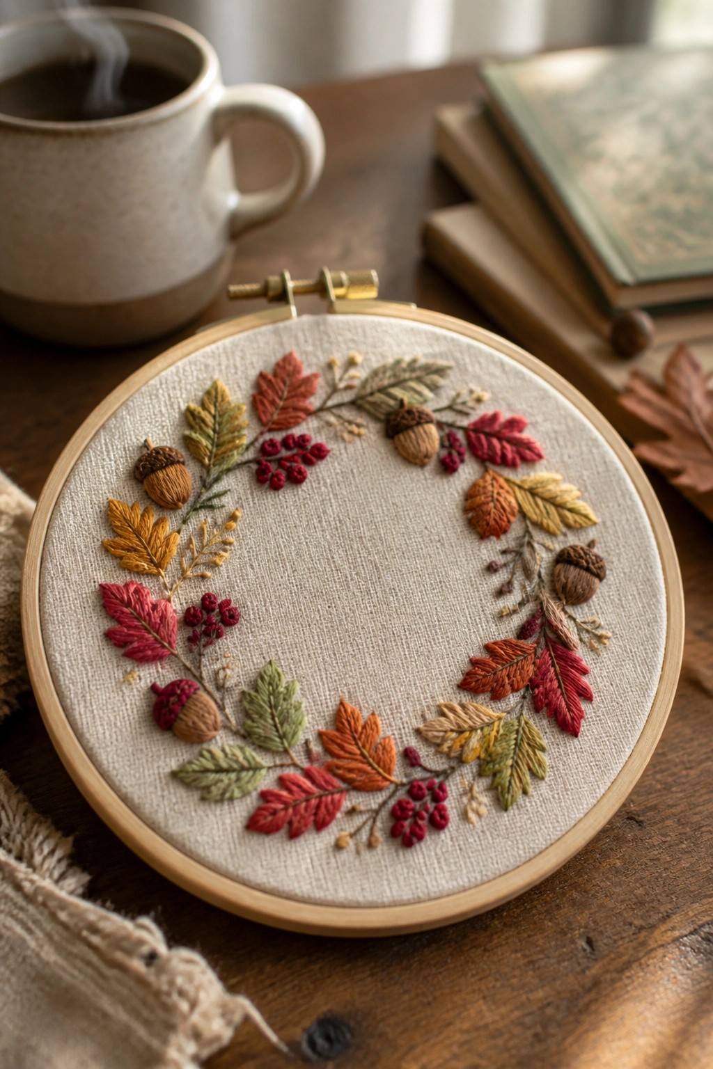 Embroidery hoop with autumn leaves, acorns, and berries beside coffee mug and books