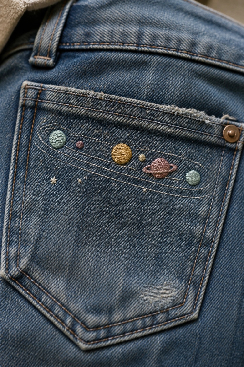 Blue denim jeans pocket embroidered with colorful planets and orbital lines.