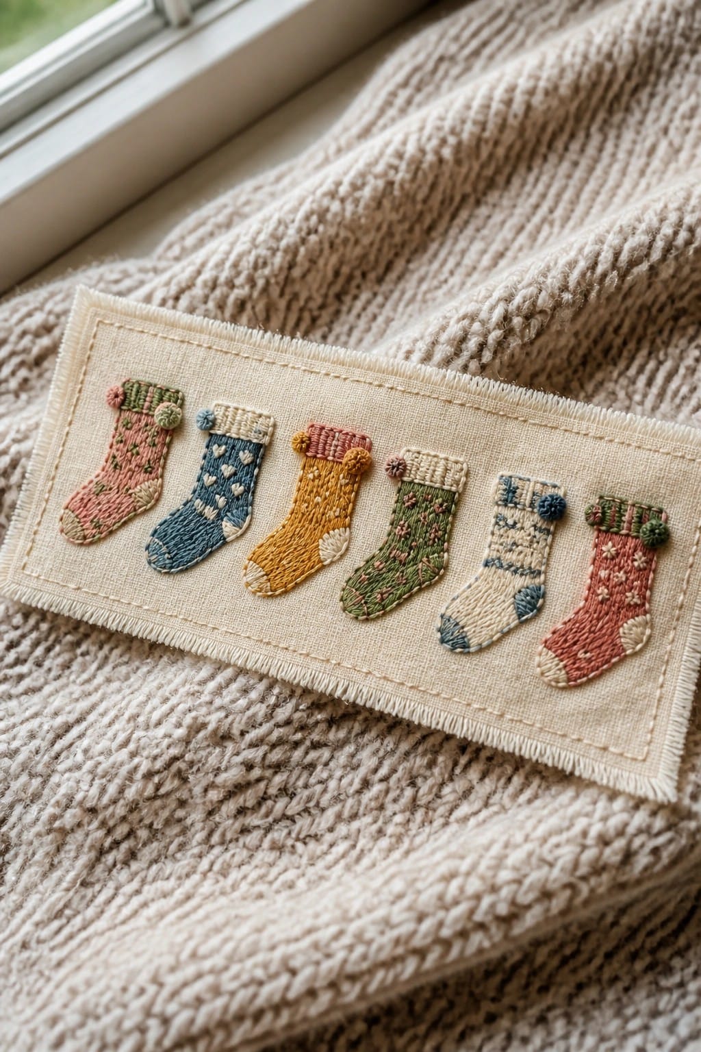 Six colorful embroidered Christmas stockings on beige fabric over knit blanket