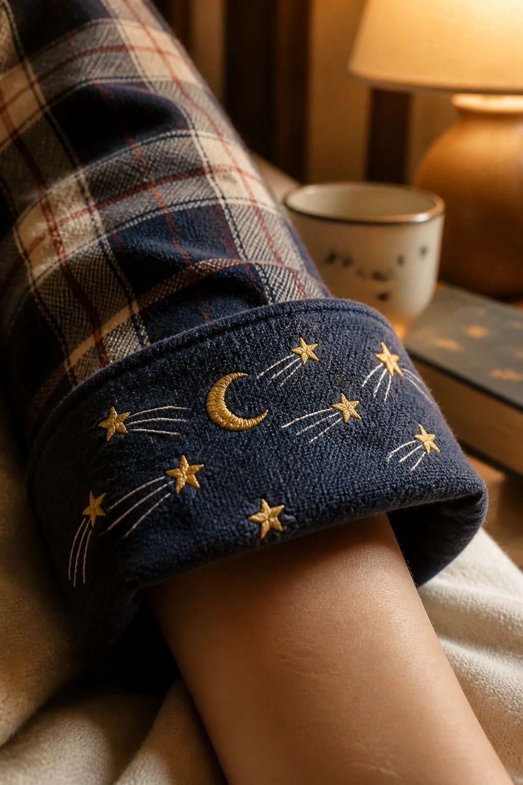 Plaid pajama cuff embroidered with golden moon and shooting stars in warm light.