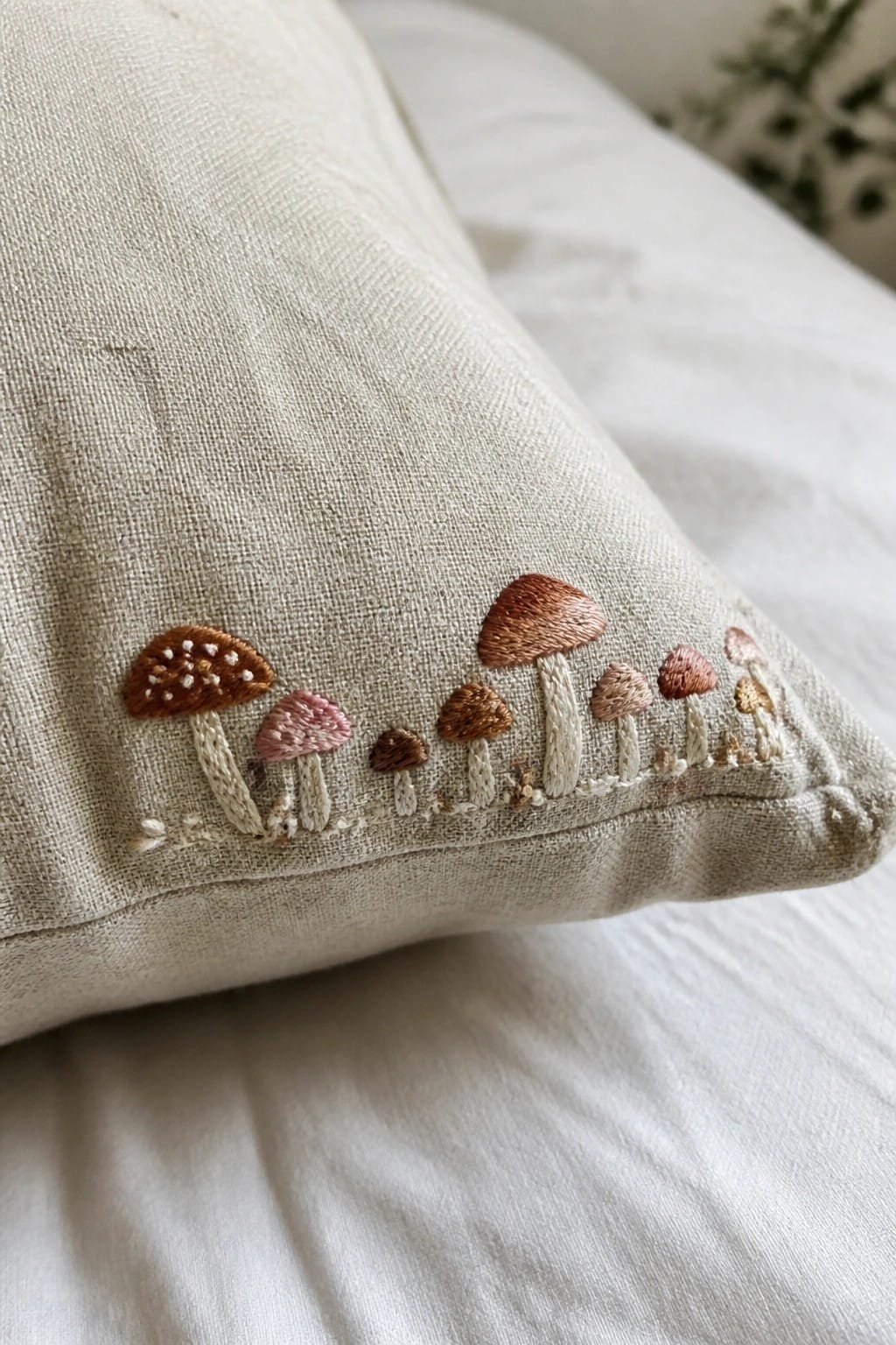 Close-up of a beige pillow with a horizontal row of embroidered mushrooms in brown, pink, and beige along the bottom edge.
