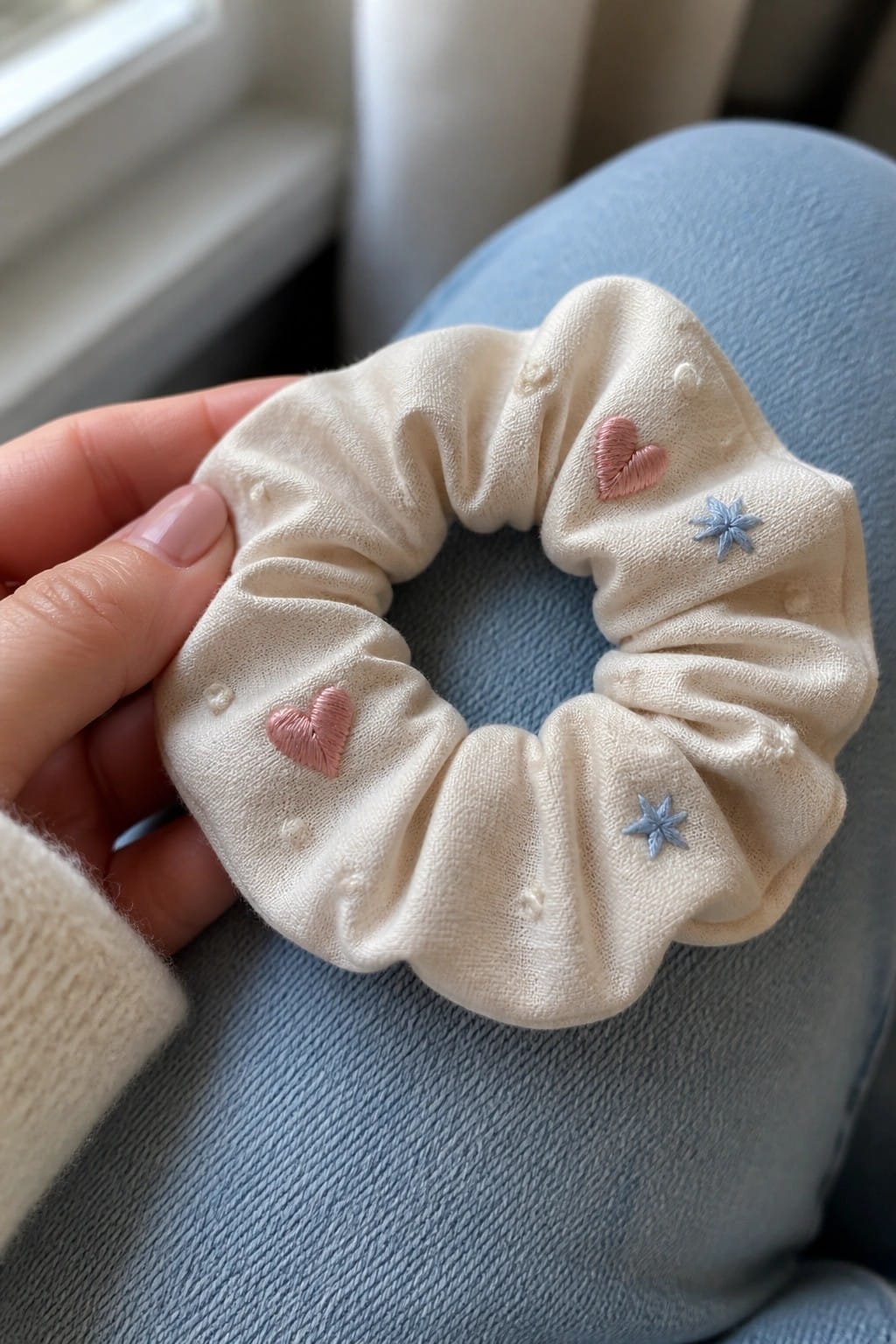 A cream scrunchie with pink embroidered hearts and blue embroidered stars is held in a hand over blue jeans.