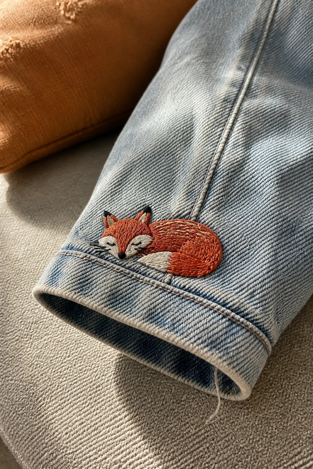 A sleeping fox embroidered on the cuff of light blue denim jeans.
