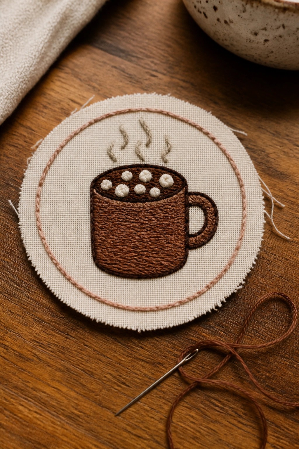 Embroidered brown coffee mug patch with steam on beige fabric beside needle and thread