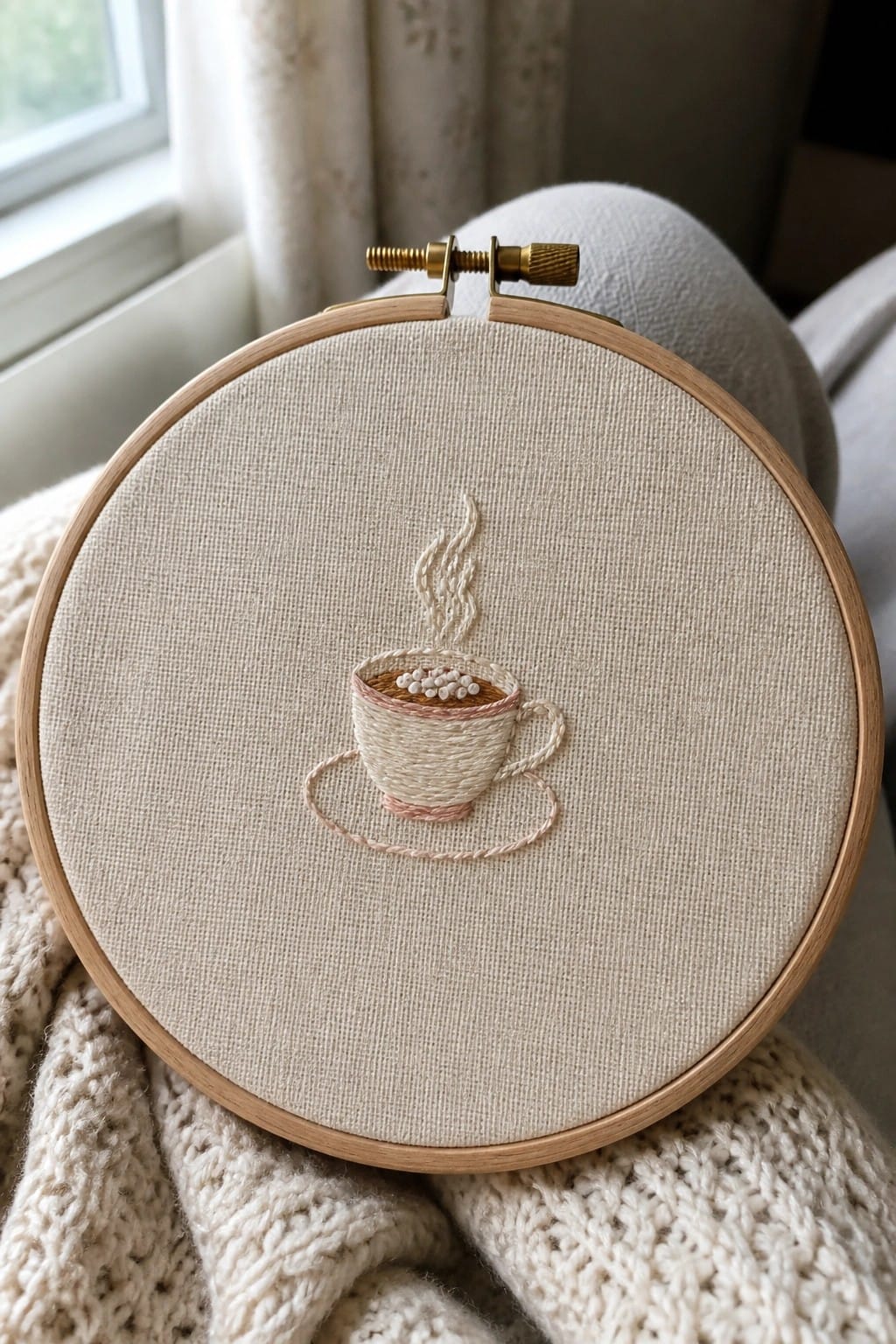 Wooden embroidery hoop with stitched coffee cup and steam on beige fabric over knit lap