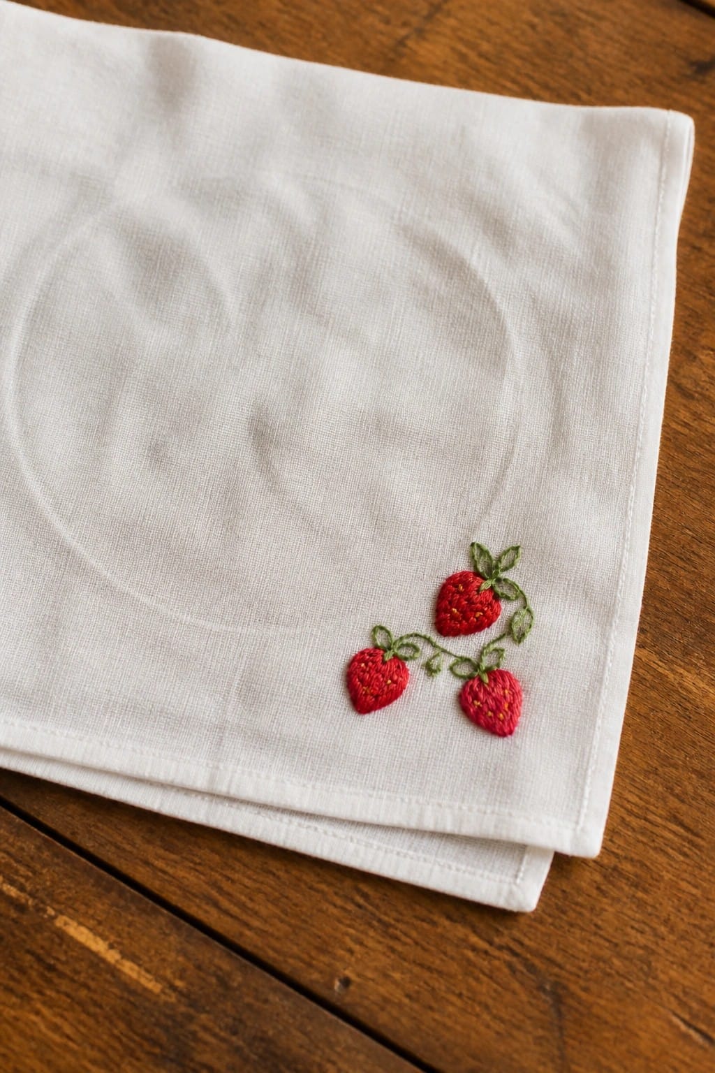 White fabric napkin with three red embroidered strawberries and green stems clustered in one corner on a wooden table.