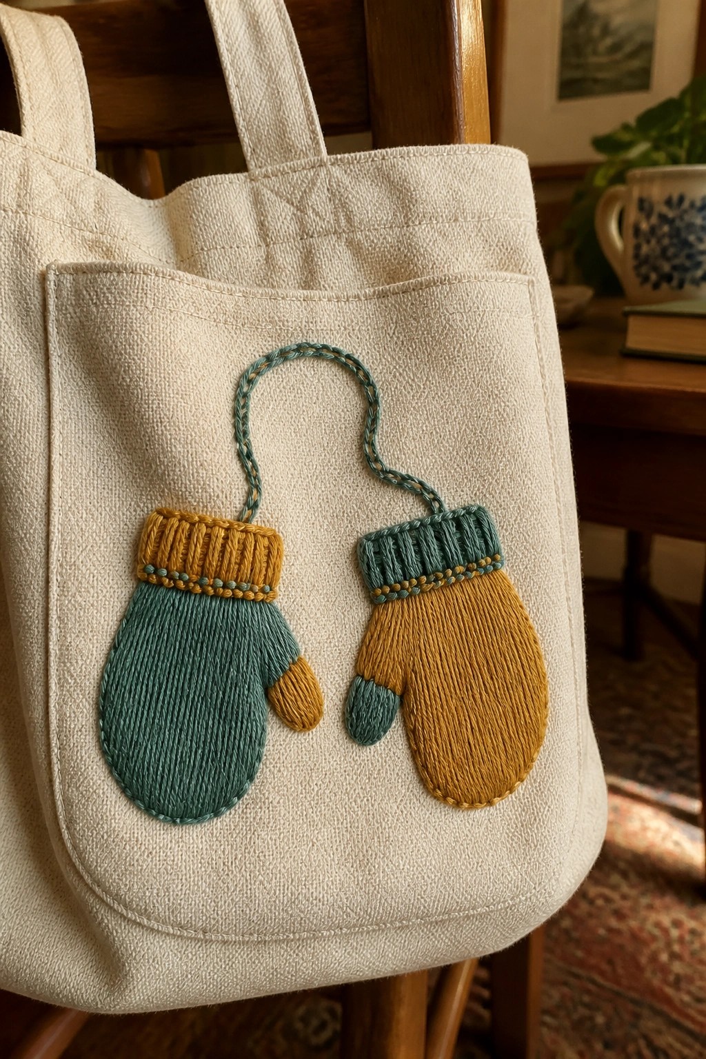 Beige canvas tote bag embroidered with connected teal and mustard mittens on chair